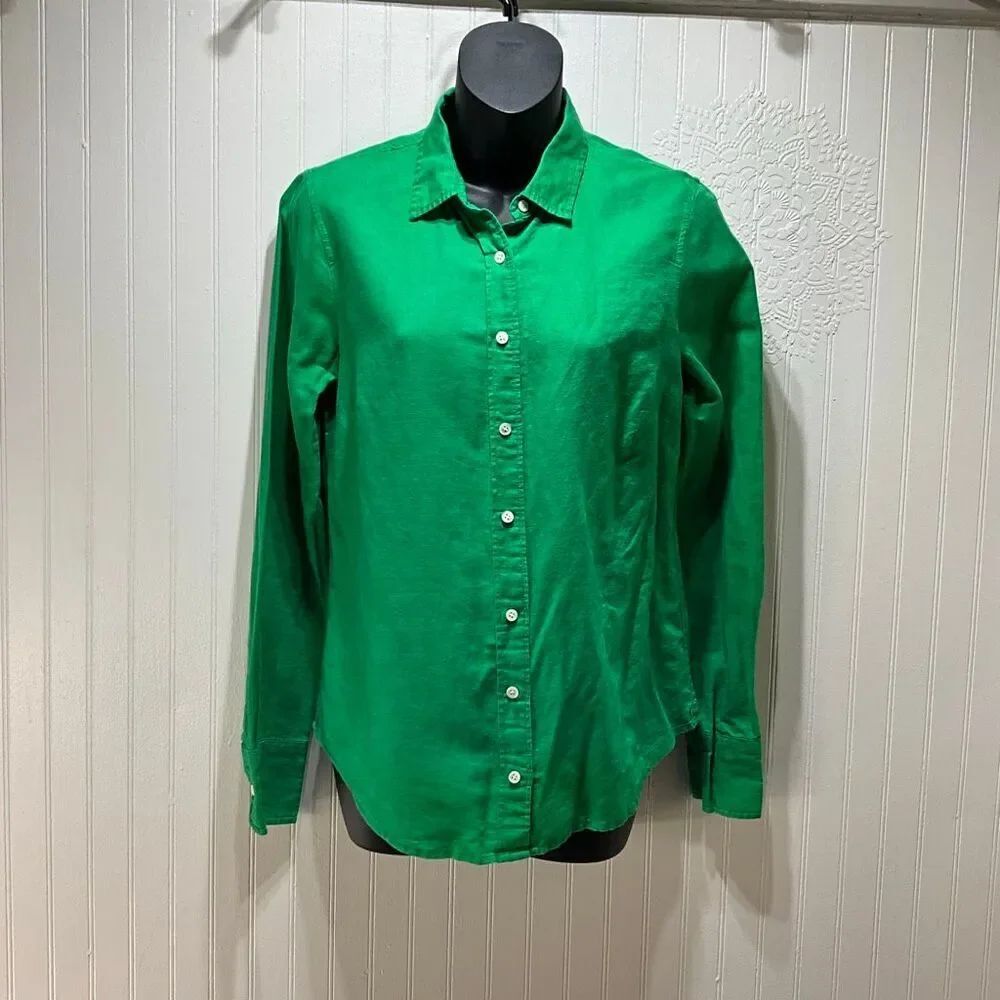 J. CREW Green Linen Blend Long Sleeve Button Down Shirt